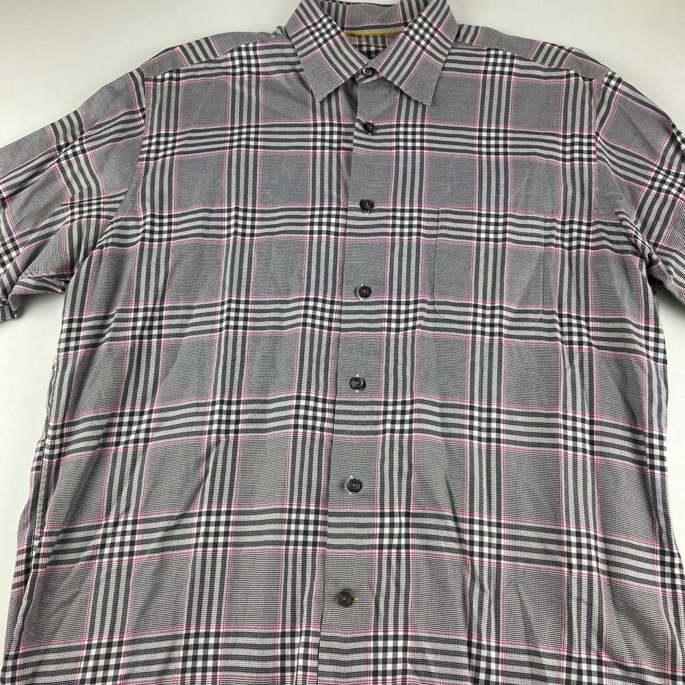 Robert Talbott Classic Shirt Mens L Plaid Pink Black Cotton Made in Portugal